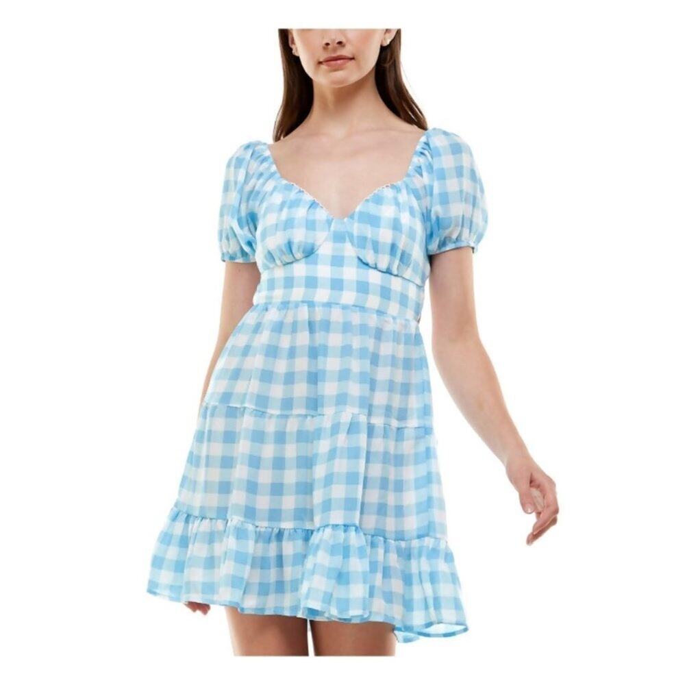 ALMOST FAMOUS Womens Blue Sheer Ruffled Peasant Tie-back Loop Trim Check Pouf Sl